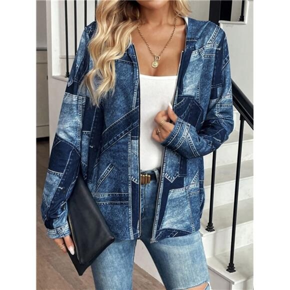 Variété Boutique Jackets & Blazers - Denim Effect Patchwork Print Women Hooded Jacket